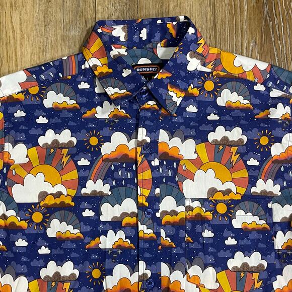 RUN & FLY Rainy Days Retro Hawaiian Camp Shirt Mens L Funky Fun Novelty NWOT! - Picture 2 of 6